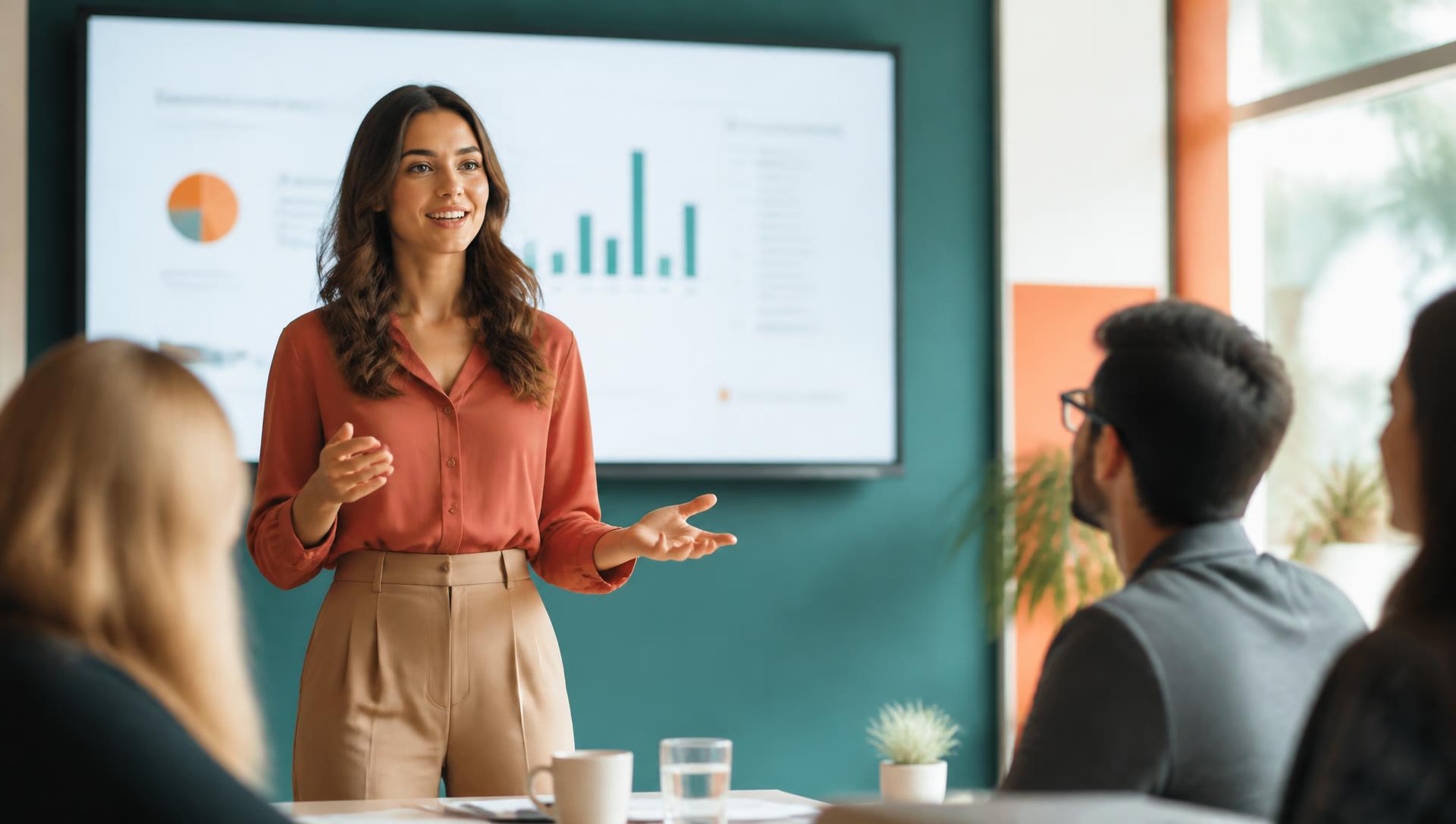 Digital Sales Managerin präsentiert vor einem Team im modernen Büro